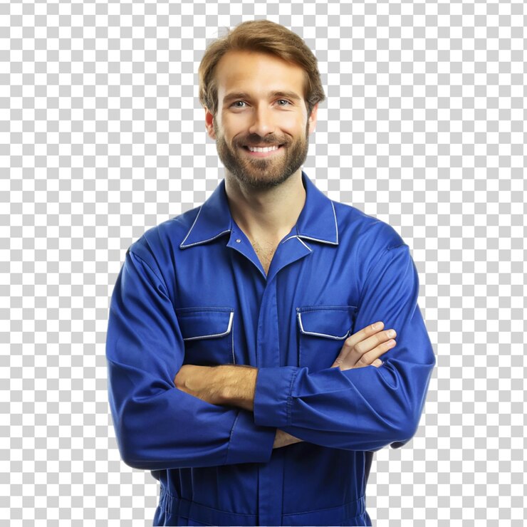 PSD retrato de un mecánico caucásico en un mono azul aislado sobre un fondo transparente