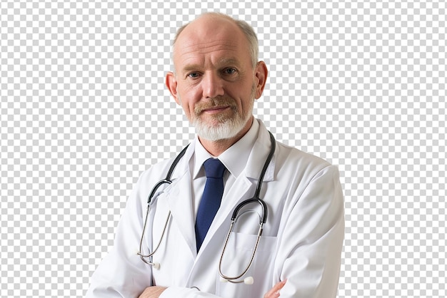Retrato de un médico en bata de laboratorio con estetoscopio en un fondo aislado blanco