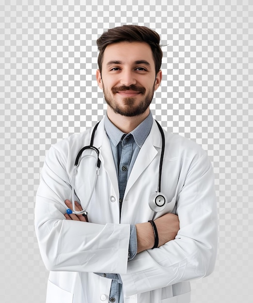 PSD retrato de un médico sonriente con un estetoscopio de pie aislado en un fondo transparente