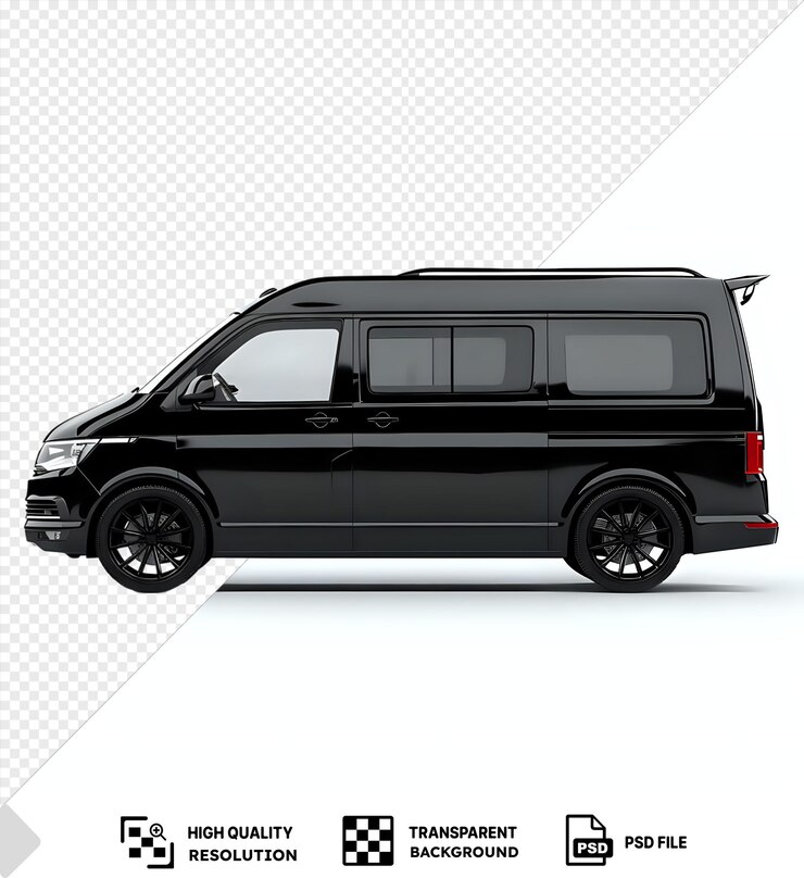 PSD retrato de una minivan negra vista lateral aislada en un fondo transparente