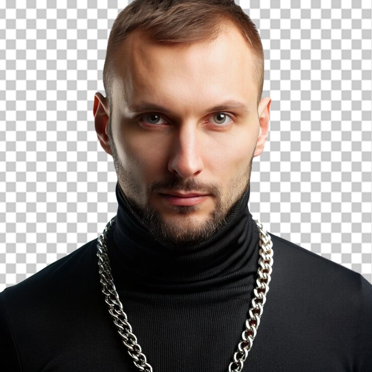 PSD retrato de moda de un apuesto joven modelo hipster con una perforación de ceja y una cadena de plata en ropa negra