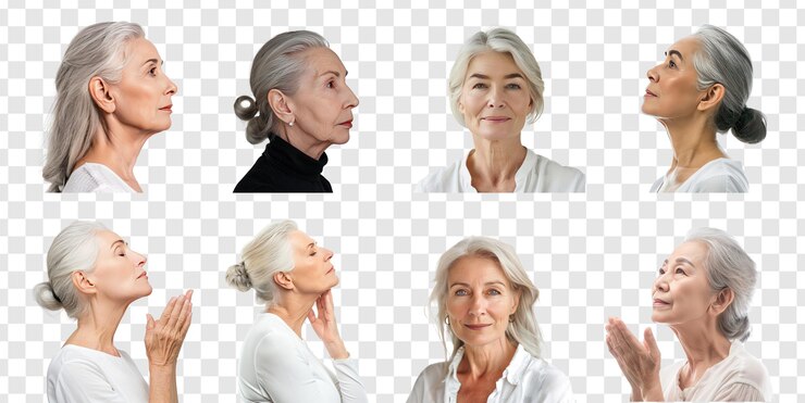 PSD retrato de modelo senior facial con gesto de la mano concepto de cuidado facial vista lateral