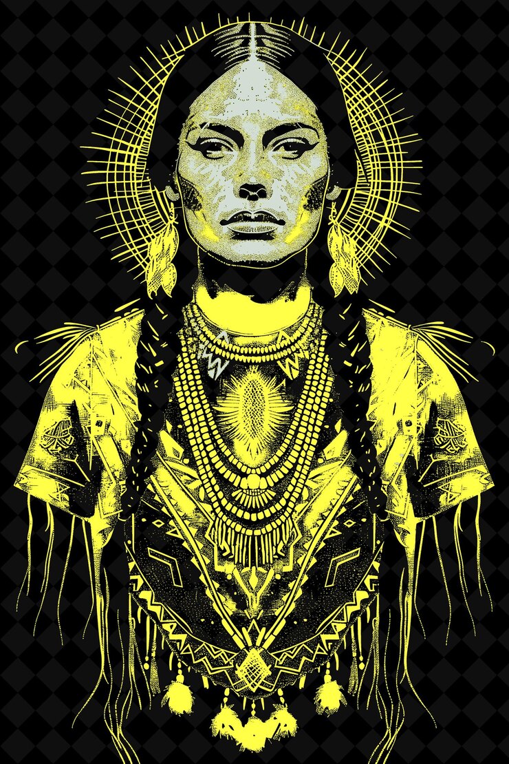 PSD retrato de una mujer apache con un vestido tradicional de piel de caballo con un diseño de colores vívidos colecciones png