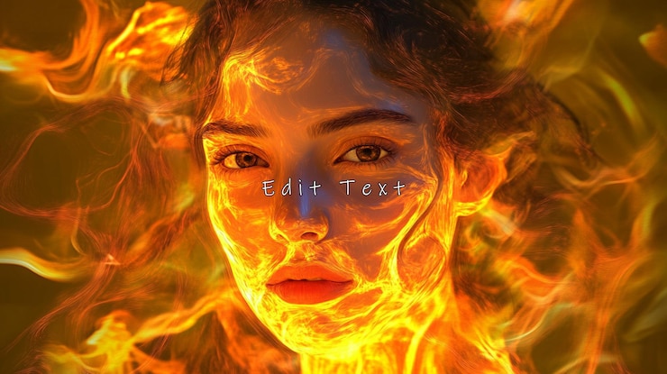 PSD retrato de la mujer ardiente frente a las llamas surrealistas