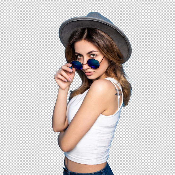 PSD retrato de una mujer bonita con gafas de sol y sombrero sobre una pared de colores azules