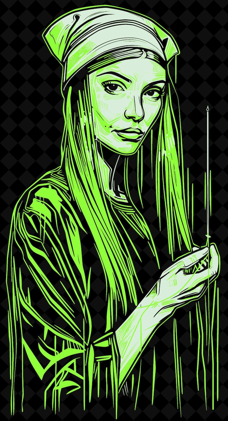 PSD retrato de mujer bordadora con una gorra de lino y una túnica sosteniendo un diseño de colores vívidos colecciones png