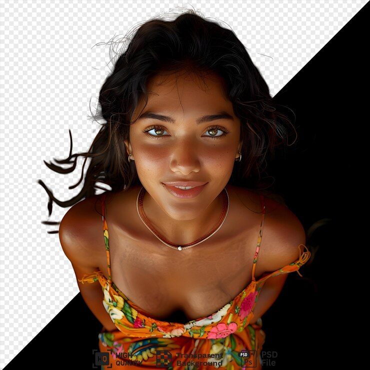 PSD un retrato de una mujer con cabello largo y marrón y pecas mirando hacia la cámara con un vestido floral con un fondo negro la imagen tiene un fondo transparente