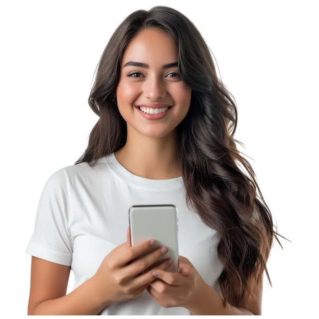 PSD retrato de una mujer casual sonriente sosteniendo un teléfono inteligente