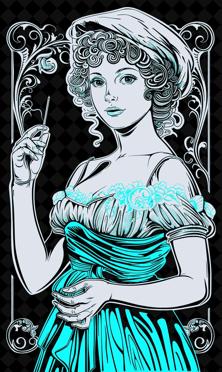 PSD retrato de mujer costurera con gorra de lino y vestido sosteniendo diseño de colores vívidos colecciones png