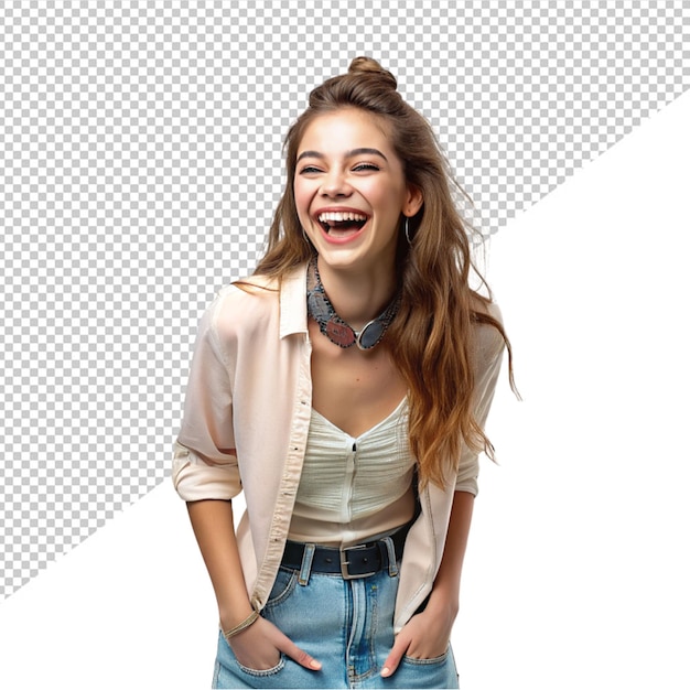 PSD retrato de una mujer feliz riendo en un fondo transparente