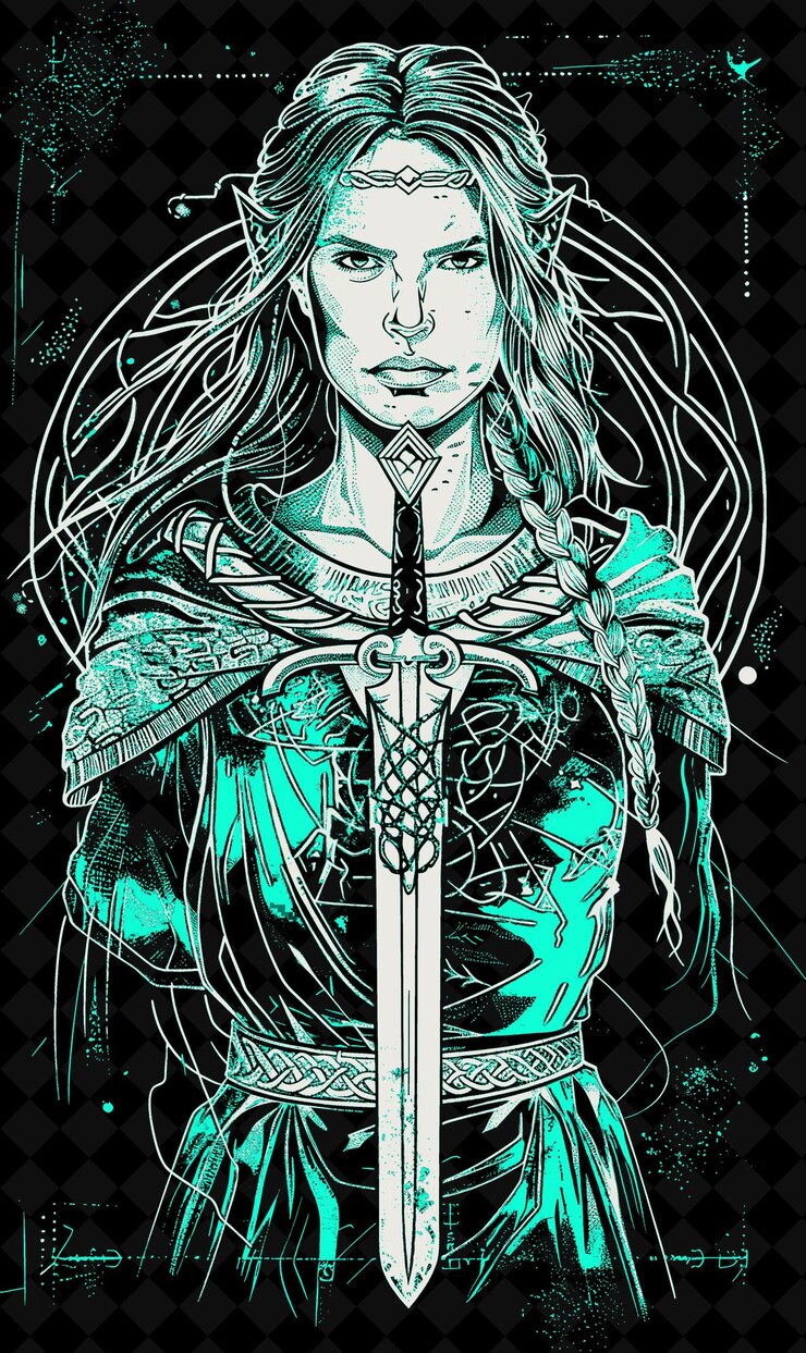 PSD retrato de una mujer guerrera celta con una torca y una túnica con un diseño de colores vívidos colecciones png