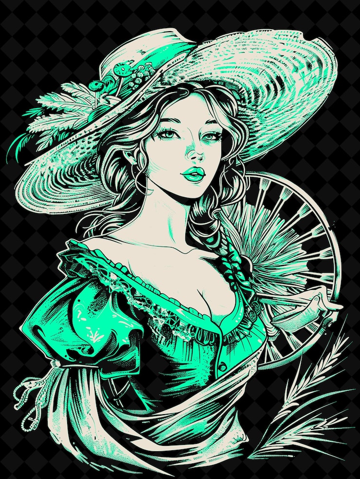 PSD retrato de mujer hiladora con un sombrero de paja y un vestido que sostiene un diseño de colores vívidos colecciones png