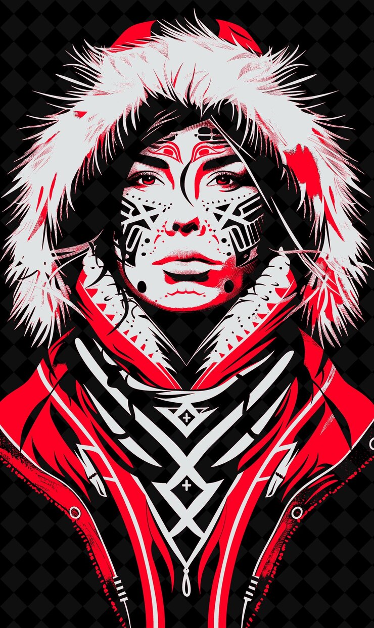 PSD retrato de una mujer inuit con una parka de piel de foca con corte de piel diseño de colores vívidos colecciones png