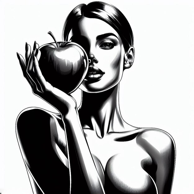 PSD retrato de una mujer joven con un arte vectorial de manzana roja