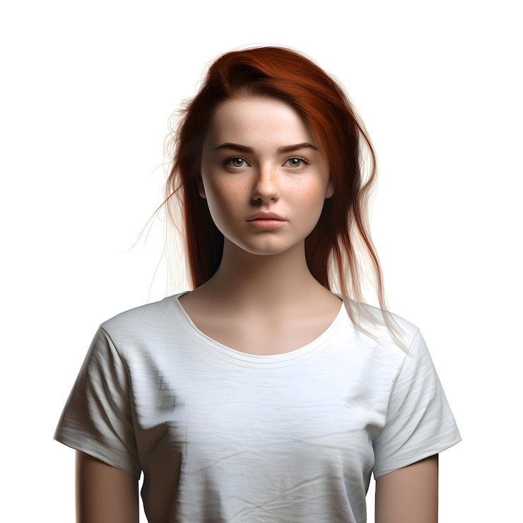 PSD retrato de una mujer joven de cabello rojo aislado sobre un fondo blanco