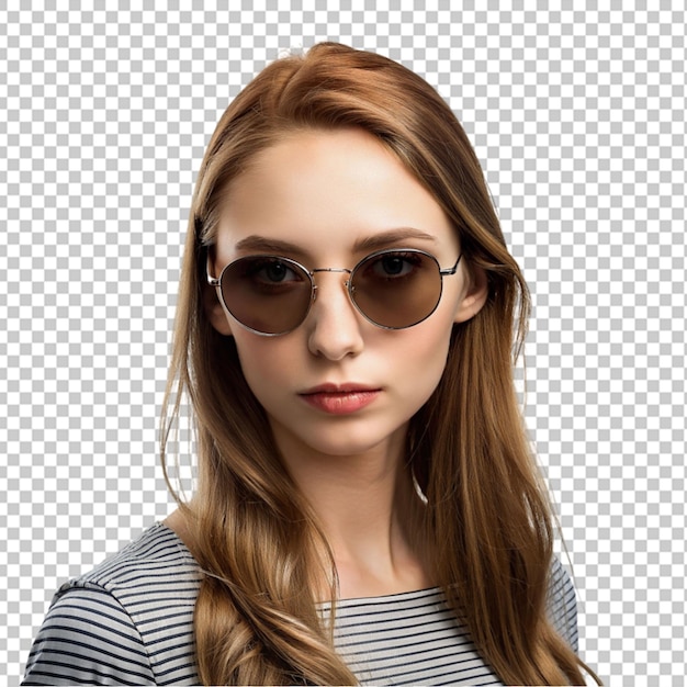 Retrato de una mujer joven con gafas de sol de fondo transparente