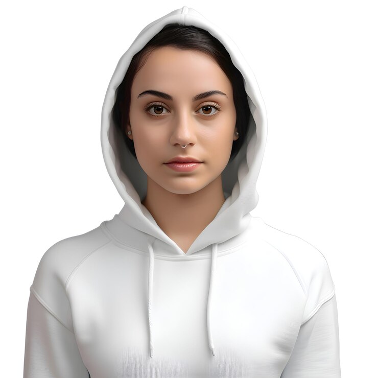 PSD retrato de una mujer joven con una sudadera blanca aislada sobre un fondo blanco