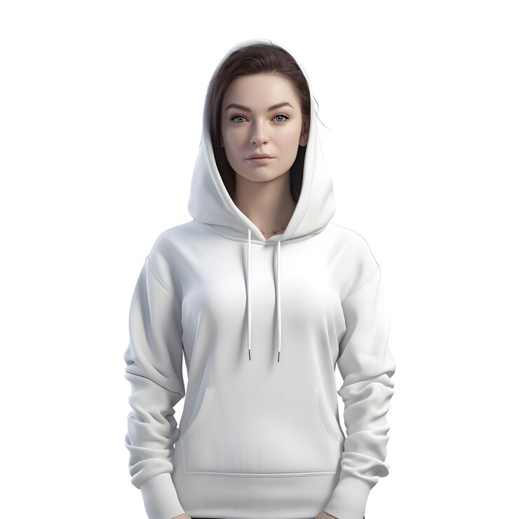 PSD retrato de una mujer joven con una sudadera blanca sobre un fondo blanco