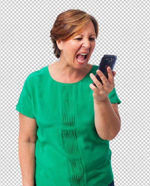 PSD retrato de mujer madura enojada hablando por teléfono