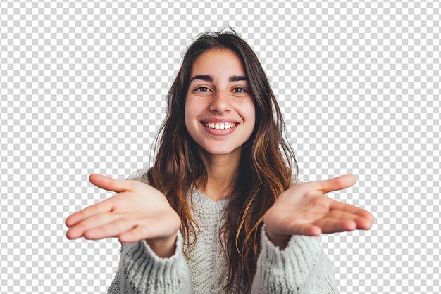 Retrato de una mujer con las manos abiertas en un fondo blanco aislado