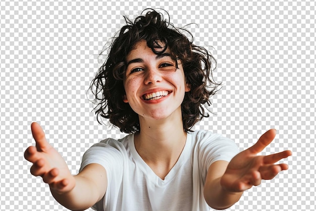 retrato de mujer con las manos abiertas sobre fondo blanco aislado