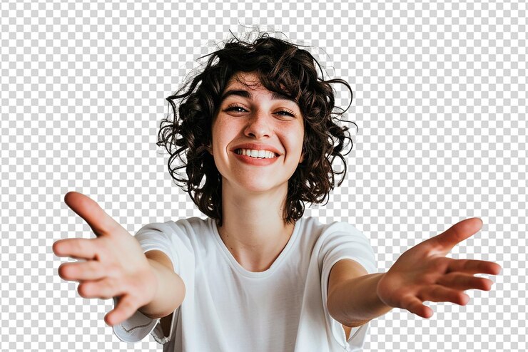 retrato de mujer con las manos abiertas sobre fondo blanco aislado