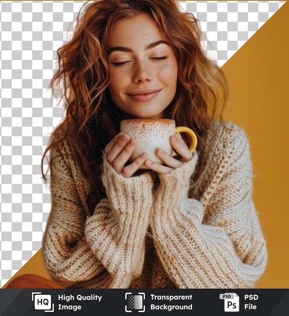 PSD retrato de una mujer positiva, tranquila y pacífica que sostiene una taza caliente con el olor de una bebida de cacao, disfruta del aroma, usa pantalones de suéter de punto