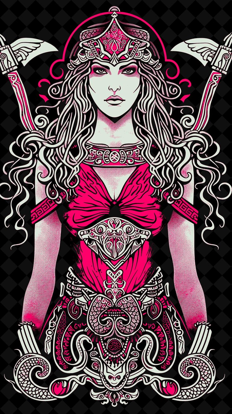 PSD retrato de una mujer sacerdotisa minoica con una diosa serpiente dres diseño de colores vívidos colecciones png