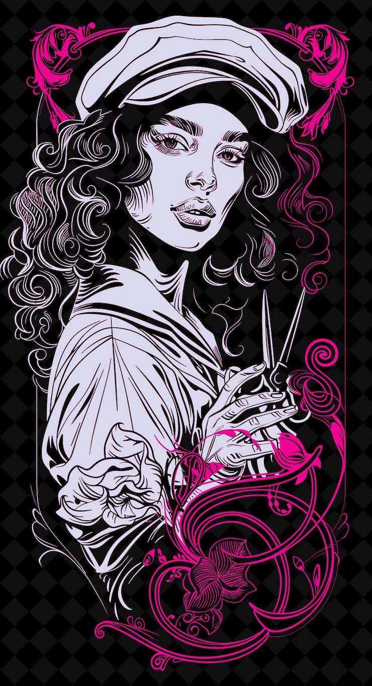 PSD retrato de mujer sastre con gorra blanca y vestido sosteniendo una p diseño de colores vívidos colecciones png