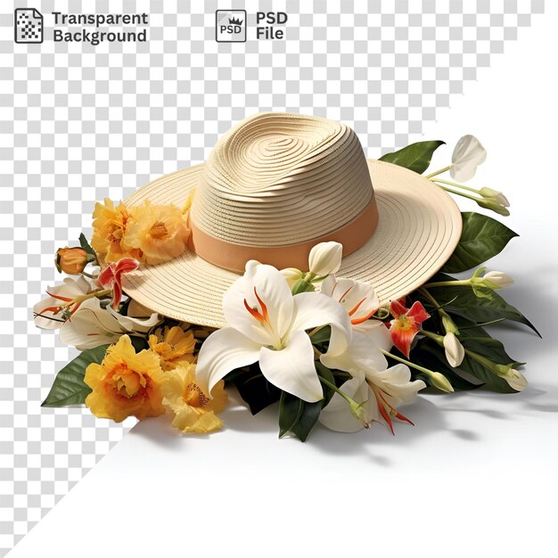 PSD retrato de una mujer con un sombrero de paja y rodeada por una colorida variedad de flores que incluyen flores blancas, amarillas y anaranjadas con una hoja verde en primer plano