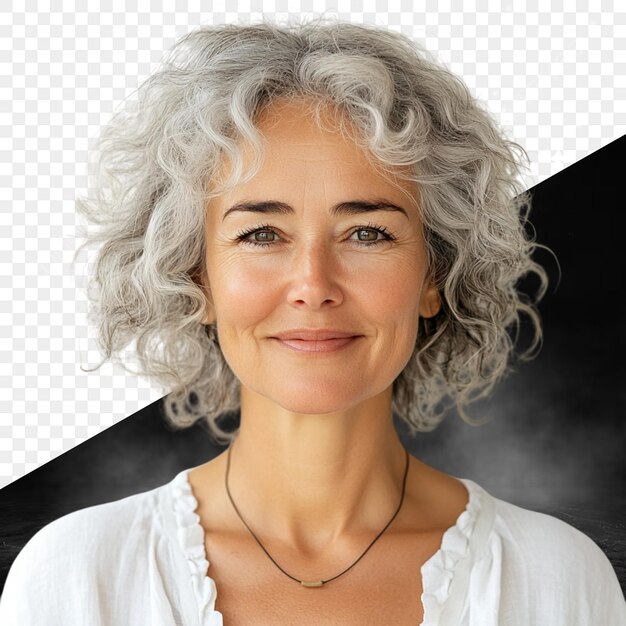 Retrato de una mujer sonriente con el cabello gris rizado