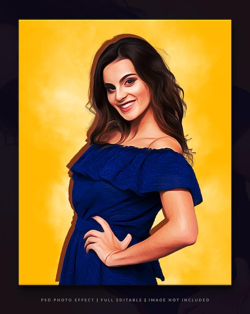 Retrato de una mujer sonriente en un vestido azul con un fondo amarillo