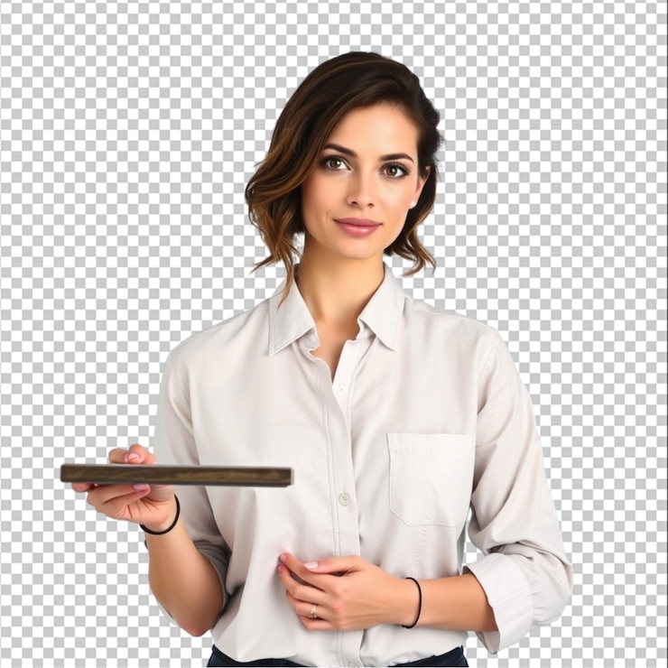 PSD retrato de una mujer sosteniendo una mesa aislada sobre un fondo blanco