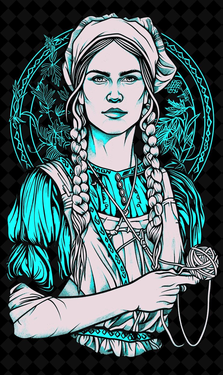 PSD retrato de mujer teñidora con una gorra de lino y una túnica sosteniendo un skei diseño de colores vívidos colecciones png