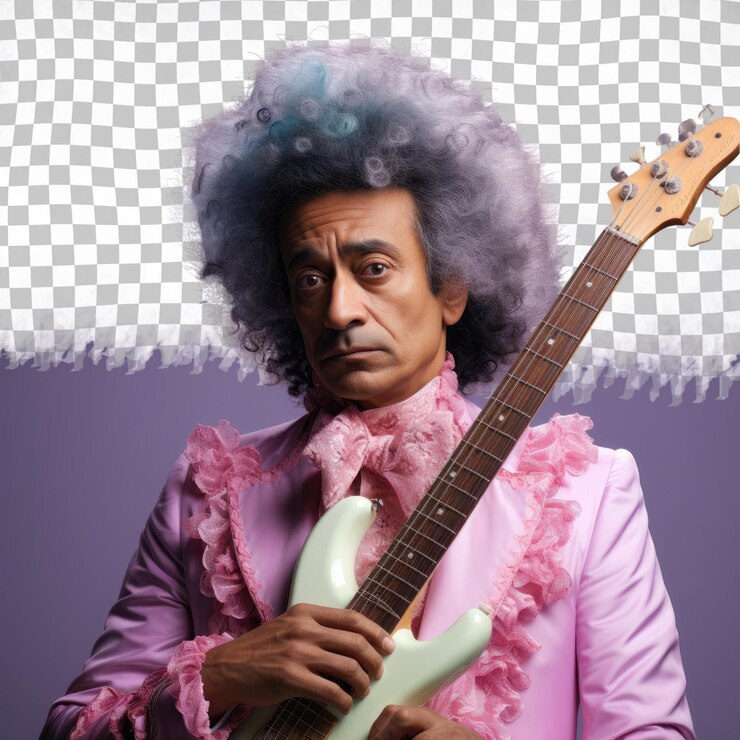 PSD retrato musical dramático do sul da ásia homem de meia idade com cabelo pervertido posa em cenário de lavanda