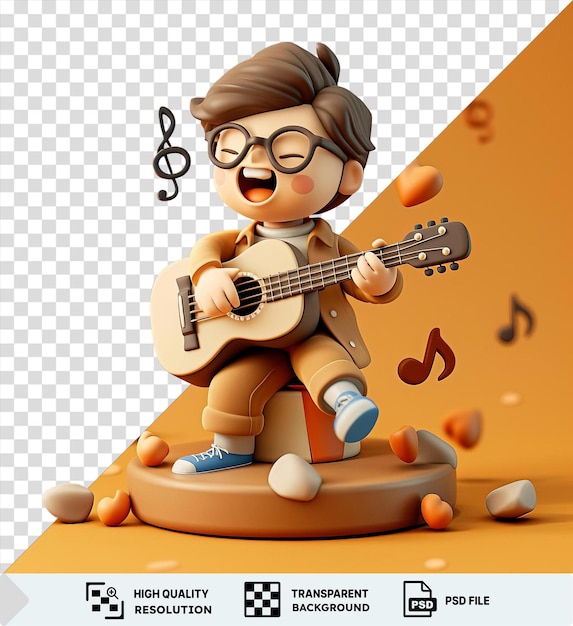 PSD retrato músico 3d tocando una guitarra en el escenario con un juguete y gafas negras mientras una mano blanca y cabello marrón son visibles en el fondo png psd