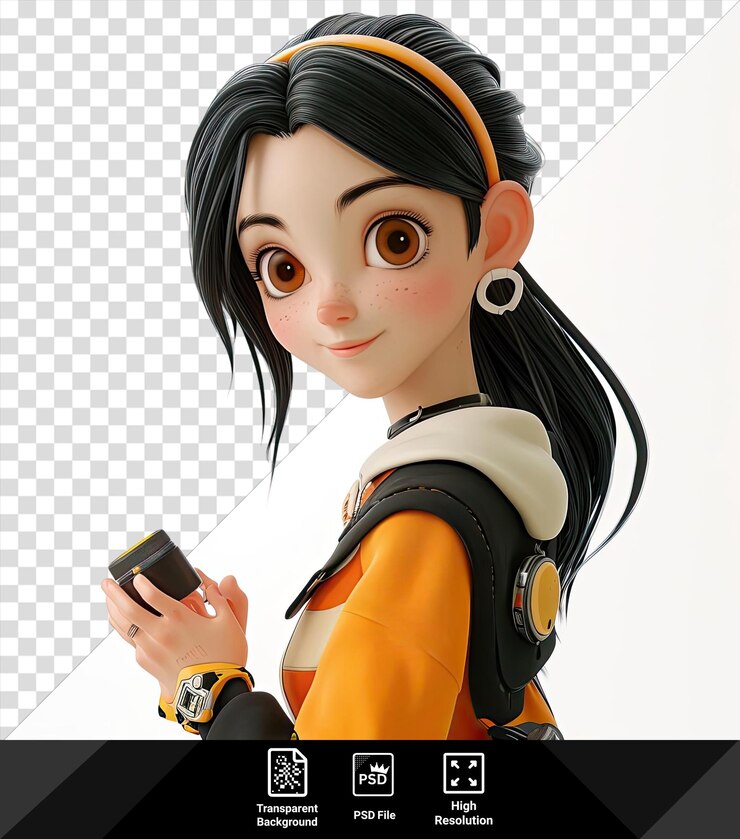 PSD retrato de nico robin de un anime de una pieza con un traje naranja y negro con cabello negro y una cinta negra sostiene un teléfono celular en su mano mientras lleva una oreja plateada y blanca