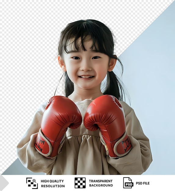 PSD retrato de una niña asiática sonriente con cabello negro guantes de boxeo rojos mirando a la cámara mientras está de pie en la habitación bajo un cielo azul claro con una oreja pequeña visible en primer plano png psd