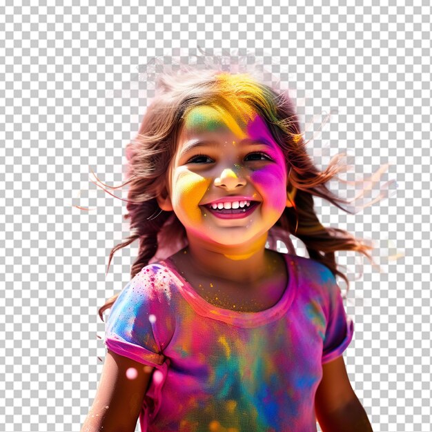 PSD retrato de una niña linda siendo bañada con polvos de colores durante holi