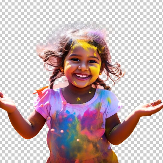 Retrato de una niña linda siendo bañada con polvos de colores durante holi