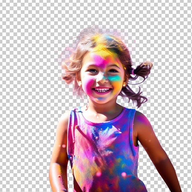 Retrato de una niña linda siendo bañada con polvos de colores durante holi