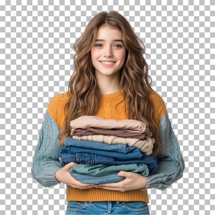 PSD retrato de una niña con medio cuerpo sosteniendo una pila de ropa plegada aislada