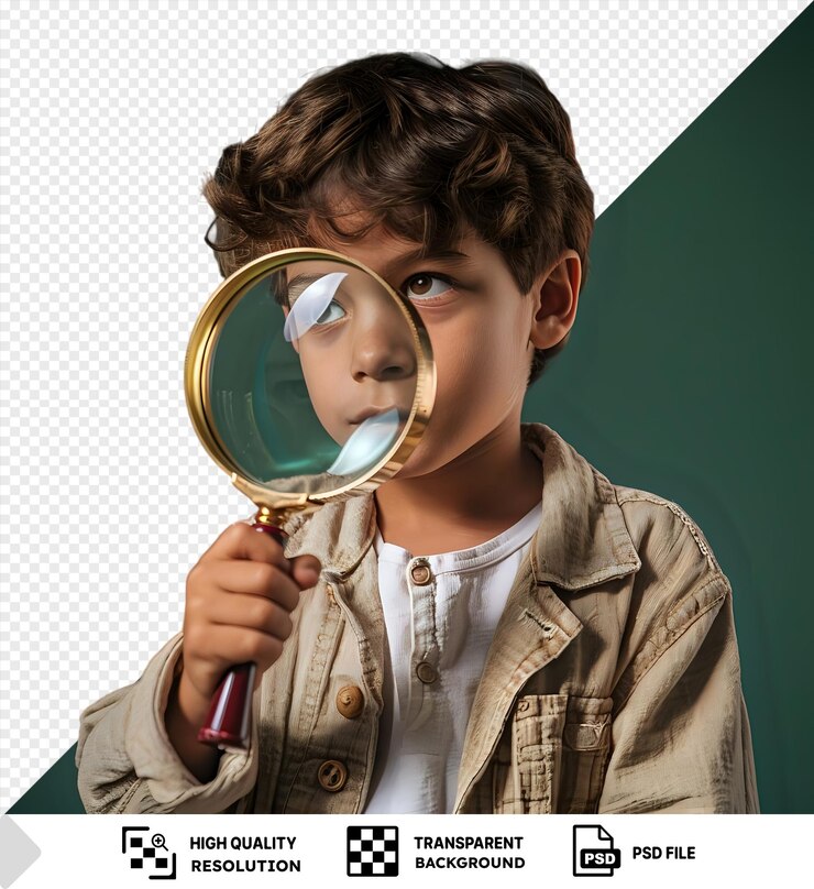 PSD retrato de un niño curioso mirando a través de una lupa invisible png