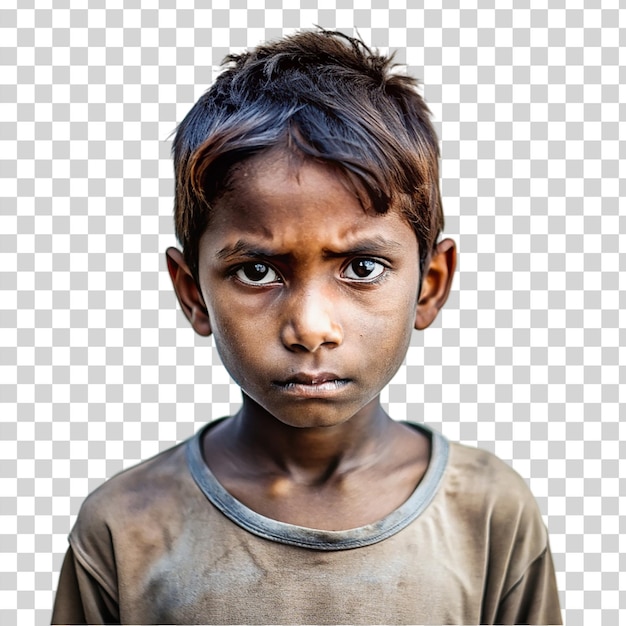 Retrato de un niño pobre aislado sobre un fondo transparente