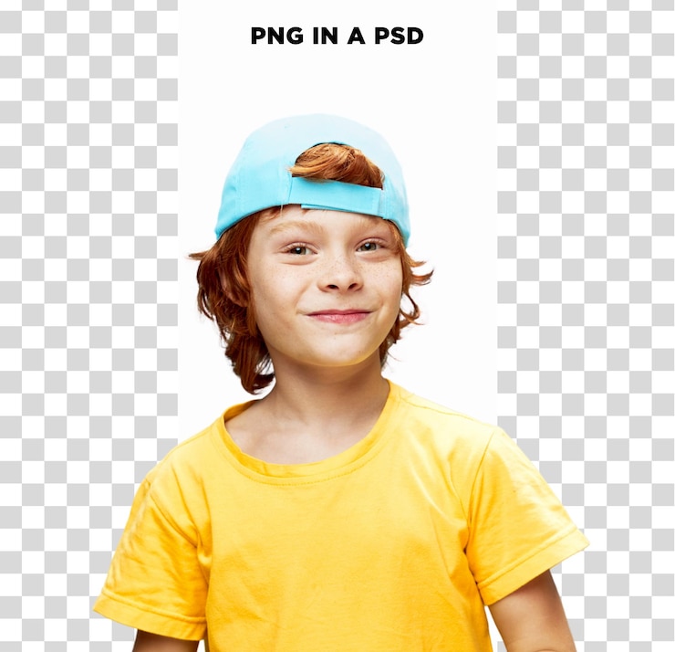 PSD retrato de niño sonriente con gorra azul aislado sobre un fondo transparente