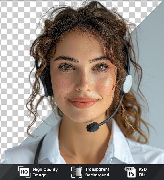 retrato de objeto transparente de una chica atractiva, a la moda y alegre servicio de mesa de ayuda que muestra espacio de copia para el texto