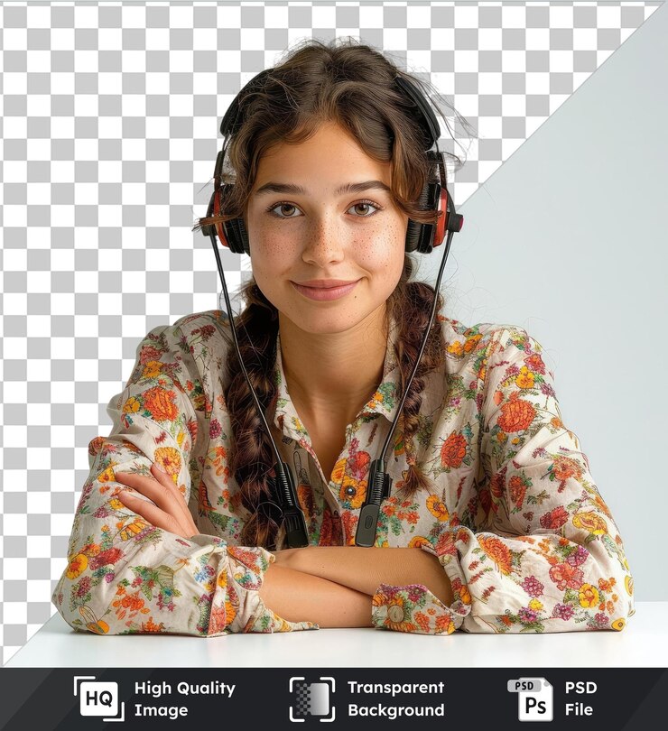 PSD retrato de objeto transparente de una chica atractiva, a la moda y alegre servicio de mesa de ayuda que muestra espacio de copia para el texto