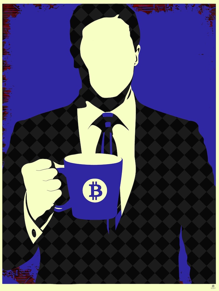 PSD retrato optimista del candidato presidencial con ilustraciones de la taza de bitcoin diseño de la campaña electoral