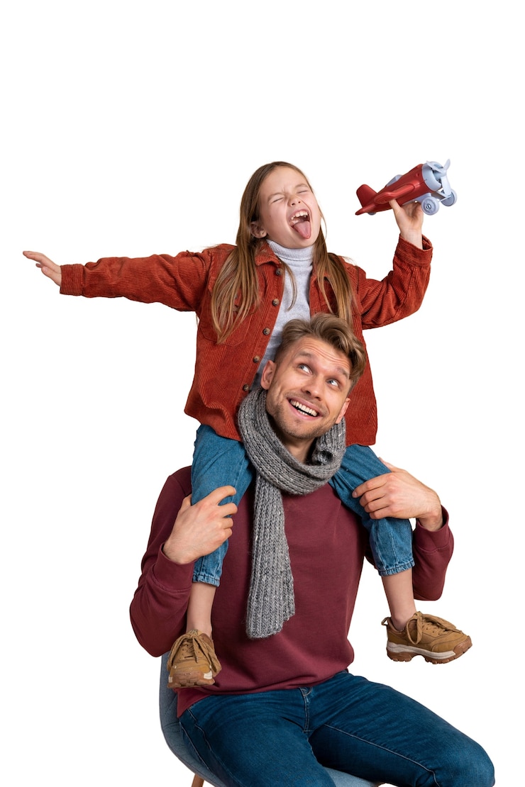 PSD retrato de padre e hija jugando con un avión de juguete antes de viajar
