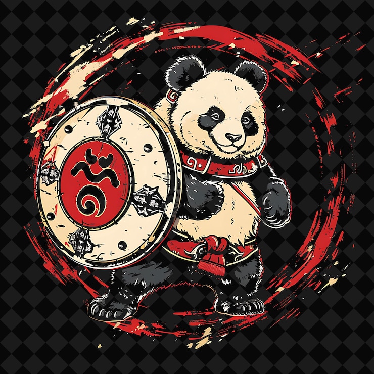 PSD retrato de un panda gigante asiático mongol que lleva un shiel ilustración de un personaje animal guerrero